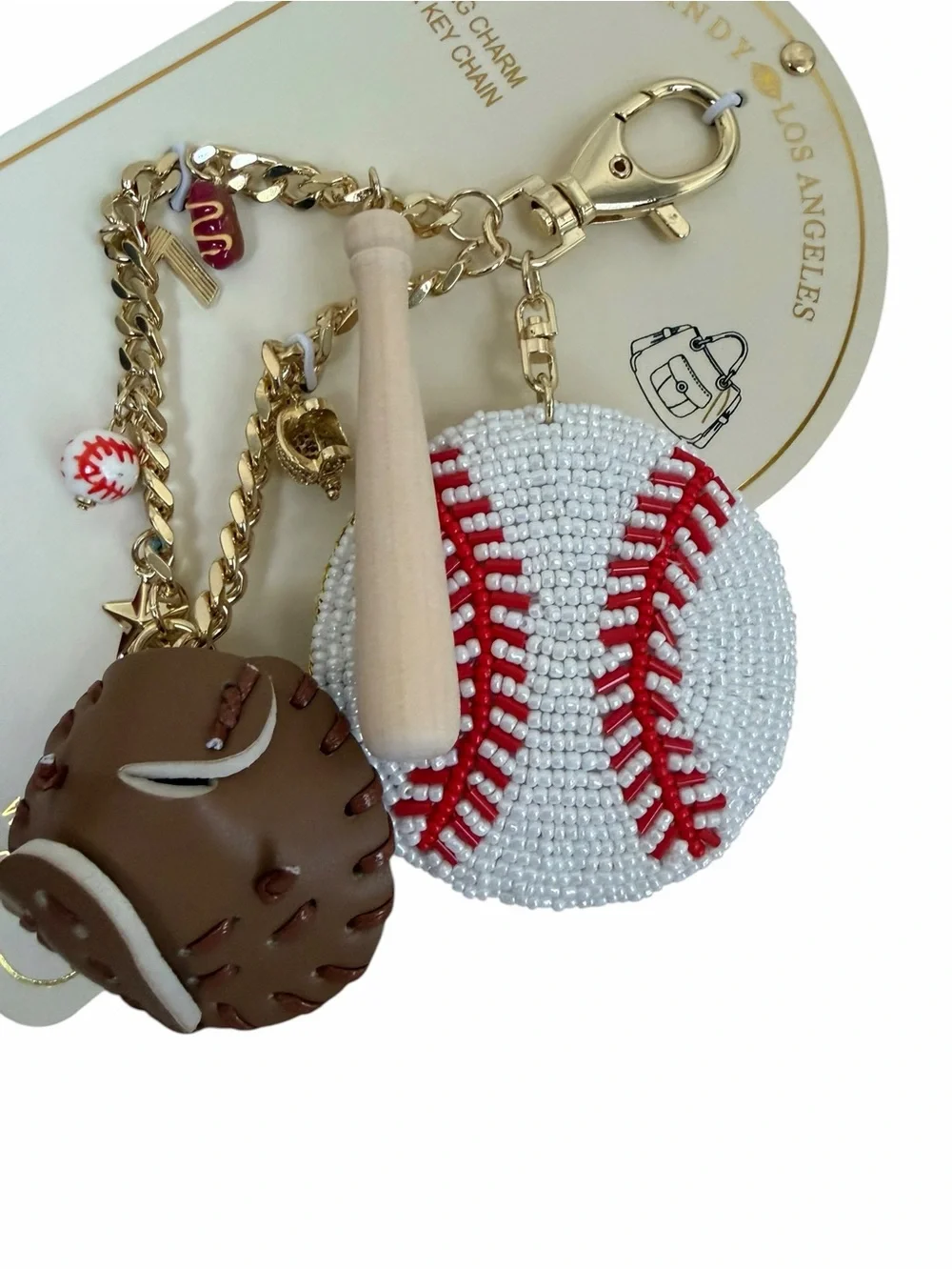 NEW - EYE CANDY Baseball Themed Bag Charm & Keychain w/leather, beads, gold-tone